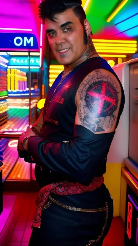 portrait of sks man (p4nter4:1.1) with tattoos in all body, high detailed, high quality, (master piece), blurred neon lights in the background, 4k, 8k, <lora:p4nter4:1>