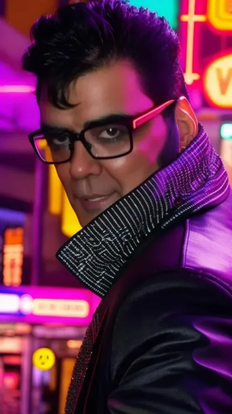 portrait of sks man (p4nter4:1.1) dressed like a rock star with glasses, high detailed, high quality, (master piece), blurred neon lights in the background, 4k, 8k, <lora:p4nter4:1>