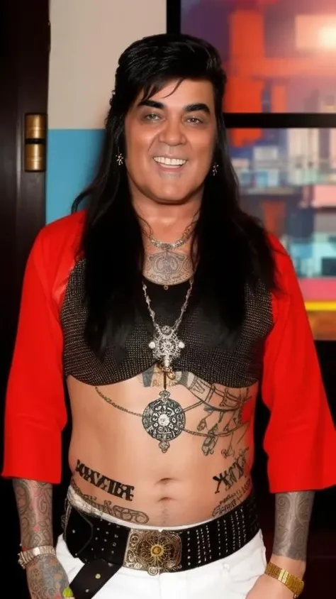 portrait of sks man (p4nter4:1.1) with tattoos like a hippie from the 70s, high detailed, high quality, (master piece), 4k, 8k, <lora:p4nter4:1>