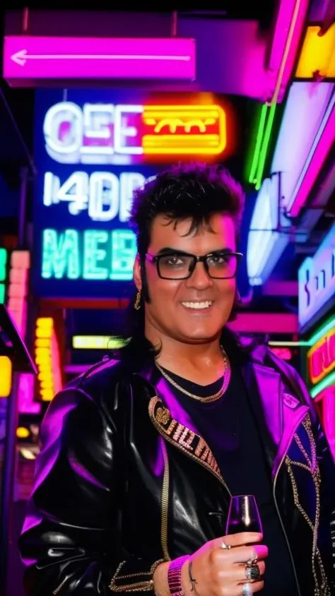 portrait of sks man (p4nter4:1.1) dressed like a rock star with glasses, high detailed, high quality, (master piece), blurred neon lights in the background, 4k, 8k, <lora:p4nter4:1>