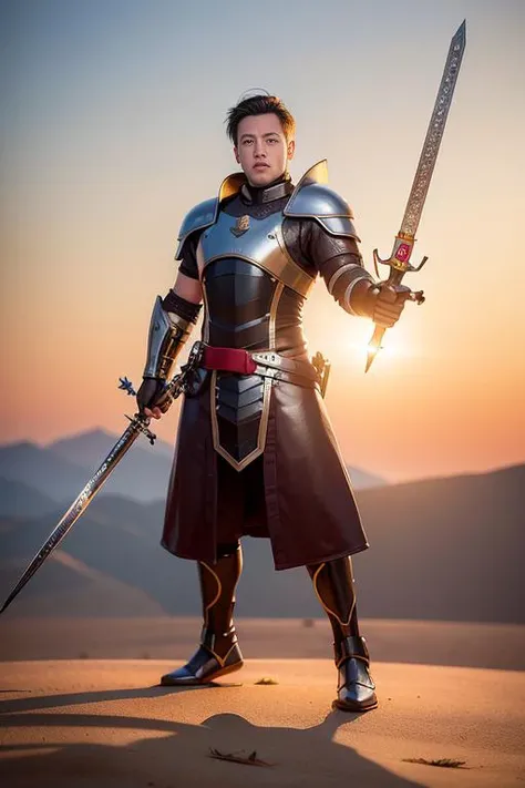 a man in armor is holding dual swords, 
good hand,4k, high-res, masterpiece, best quality, head:1.3,((Hasselblad photography)), finely detailed skin, sharp focus, (cinematic lighting),  soft lighting, dynamic angle, [:(detailed face:1.2):0.2], medium breasts,  <lora:betterCuteAsian03:0.3>