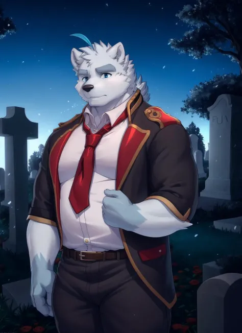 <lora:paul-09:1>, paul, solo, muscular, plump, (soft shading), 4k, hi res, detailed face, detailed eyes, detailed, ((full body)), by zackarry911, by zaush, (by personalami:0.5), blue eyes, (pose), belly, blue hands, cemetery, graveyard, sad, blue filter, shirt, pants, necktie, red necktie, jacket, night, forest, horror \(theme\), scary, nightmare, sad