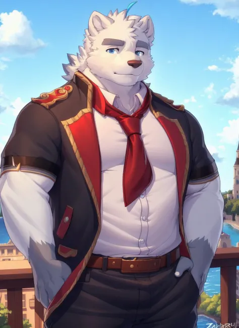 <lora:paul-09:1>, paul, solo, muscular, plump, (soft shading), 4k, hi res, detailed face, detailed eyes, detailed, ((full body)), by zackarry911, by zaush, (by personalami:0.5), shirt, pants, necktie, red necktie, jacket, blue eyes, pose