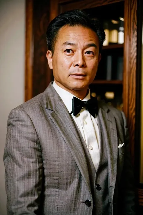 best quality, ultra high res, (photorealistic:1.4),(Grey suit:1.2),masterpiece, blurry background,1boy,standing ,(looking at viewer), <lora:xieyuan:0.8>