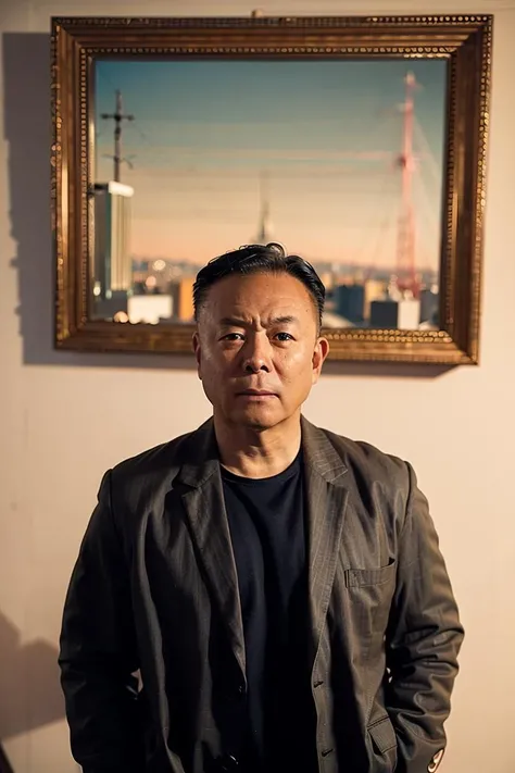 best quality, ultra high res, (photorealistic:1.4), masterpiece, blurry background,indoors,1boy,standing ,(looking at viewer), black leather coat, <lora:xieyuan:0.8>
