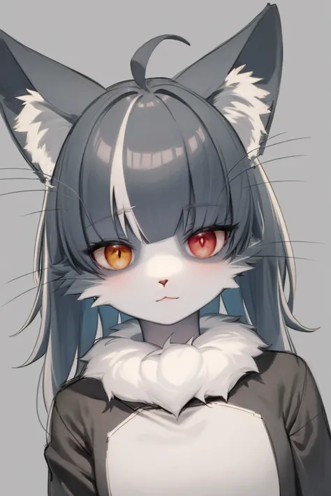 masterpiece, best quality, 1boy, omaneko, ahoge, animal ear fluff, animal ears, animal nose, two-tone fur, whiskers, white fur, white hair, heterochromia, body fur, cat boy, furry male, closeup, looking at viewer, sketch, solo, simple background <lora:Omaneko:1>