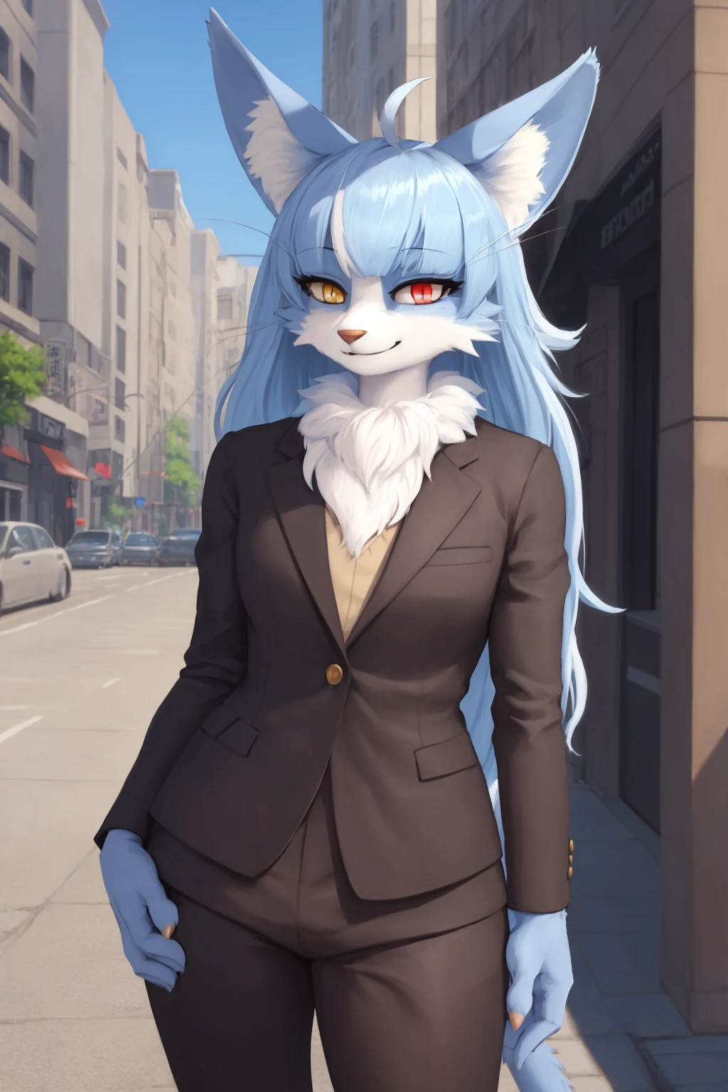 masterpiece, high quality, absurd res, 1boy, omaneko, ahoge, animal ear fluff, animal ears, animal nose, whiskers, long hair, heterochromia, yellow eyes, red eyes, (male:1.3) (furry:1.5) anthro, (upper body:1.3), on street, solo focus, detailed face, detailed eyes, detailed fluffy fur, fluffy tail, digitigrade, seductive pose, suit, fancy pants, digital painting, natural lighting, photorealistic (business suit:1.1), (smug face), smiling (cocky), steampunk <lora:Omaneko:1>