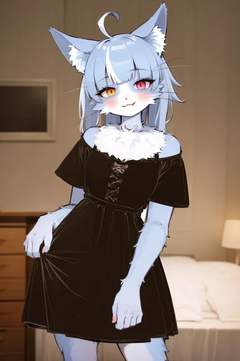 masterpiece, best quality, 1boy, omaneko, ahoge, animal ear fluff, animal ears, animal nose, whiskers, white hair, heterochromia, body fur, blush, smile, cat boy, furry male, gothic dress, black dress, looking at viewer, solo, indoors, bedroom background <lora:Omaneko:1>