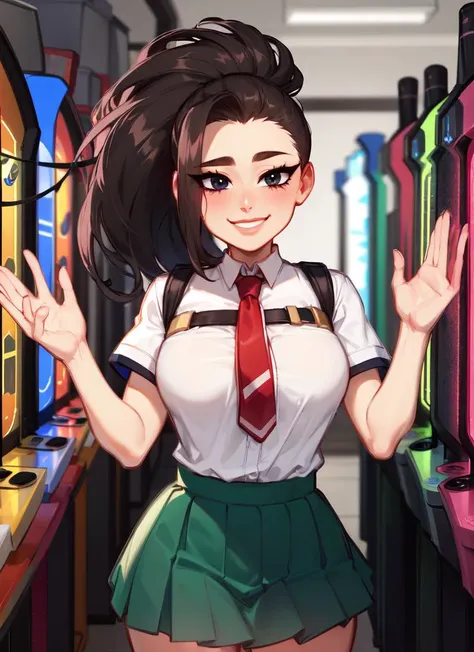 ((best quality)), ((highly detailed)), masterpiece, absurdres, (detailed eyes, deep eyes), (1girl), upper body, <lora:yaoyorozu_momo:.8>, yaoyorozu_momo, momo_mha, long hair, black hair, black eyes, ponytail, hair pulled back, large breasts, smile, u.a._school_uniform, white collared shirt, red necktie, green pleated skirt, black socks, brown loafers, (inside, at an arcade), <lora:BlushySpicy [MockAi - v1.0]:.9>, blushyspicy, thick lineart, cute, pinup