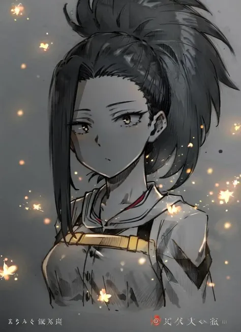 ((best quality)), ((highly detailed)), masterpiece, ((official art)), (detailed eyes, deep eyes), (1girl), <lora:momoYaoyorozuMyHero_v10:.8>, yaoyorozu_momo, momo_mha, black hair, black eyes, ponytail, , <lora:glowingArt_v10:1>, glowart:1, glowing, sketch, drawing, sparks