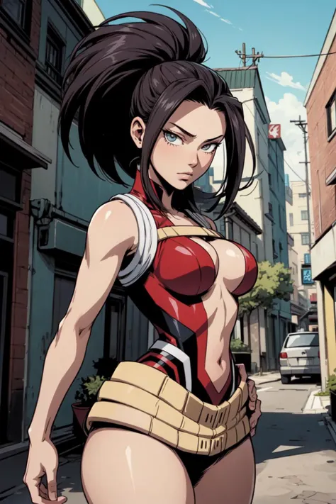 thick outlines, comics, photorealistic, 1girl, solo, Cowboy shot, dynamic pose, <lora:yaoyorozu_momo:0.9>, momo mha, yaoyorozu momo, long hair, red leotard, belt, high ponytail, hair pulled back, outdoors, urban area, detailed background, detailed face, detailed eyes, <lora:add_detail:0.7>