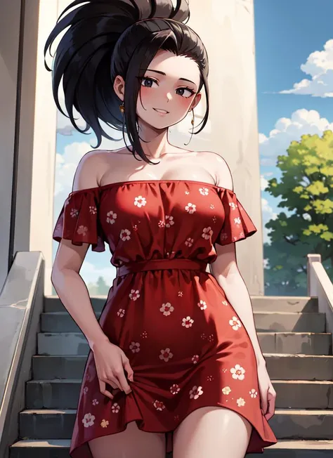 ((best quality)), ((highly detailed)), masterpiece, absurdres, extremely detailed face, beautiful face, (detailed eyes, deep eyes), (1girl), cowboy shot, <lora:yaoyorozu_momo:.8>, yaoyorozu_momo, momo_mha, long hair, black hair, black eyes, ponytail, hair pulled back, large breasts, smile, off-shoulder sundress, bare shoulders, floral print, collarbone, (outdoors, at a stairway, afternoon), <lora:FizzySpiderCider_Style_R128_v1:.7>, fsc_art
