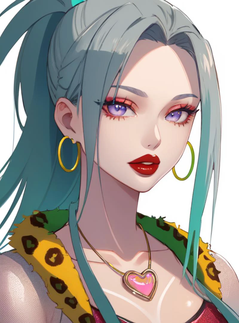 masterpiece, high res, 4k, best quality, beautiful face, detailed face, ultra-detailed, upright, ((head shot, face focus, close up face shot), open eyes, (looking at viewer, facing viewer)), 1girl, solo, white background, neon glow, violet gradient hair, orange highlights, hoop earrings, dark-skinned female, tattoo, colored skin, BREAK, red lips, parted lips, eyeshadow, very dark skin, makeup, leopard print, crop top, (metallic glitter), feather boa, fishnet shirt, jewelry, white face tattoo, <lora:yaoyorozu_momo:1> momo mha, yaoyorozu momo, grey eyes, neon green hair with gradient highlights, neon green gradient hair, high ponytail, hair pulled back, large breasts, necklace, suit jacket, lipstick, <lora:ColoredLipstick:1> (lipstick, glossy lips, glossy red lipstick), <lora:fakelips_1:1> lip filler, <lora:pinkdrawzv2:.6>