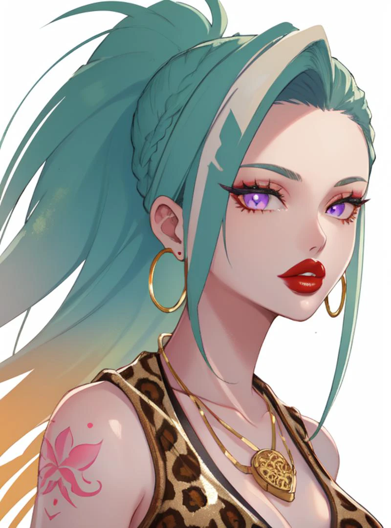 masterpiece, high res, 4k, best quality, beautiful face, detailed face, ultra-detailed, upright, ((head shot, face focus, close up face shot), open eyes, (looking at viewer, facing viewer)), 1girl, solo, white background, neon glow, violet gradient hair, orange highlights, hoop earrings, dark-skinned female, tattoo, colored skin, BREAK, red lips, parted lips, eyeshadow, very dark skin, makeup, leopard print, crop top, (metallic glitter), feather boa, fishnet shirt, jewelry, white face tattoo, large intricate hair, <lora:yaoyorozu_momo:1> momo mha, yaoyorozu momo, geen hair with gradient highlights, green gradient hair, high ponytail, hair pulled back, large breasts, necklace, suit jacket, lipstick, <lora:ColoredLipstick:1> (lipstick, glossy lips, glossy red lipstick), <lora:fakelips_1:1> lip filler, <lora:pinkdrawzv2:.6>