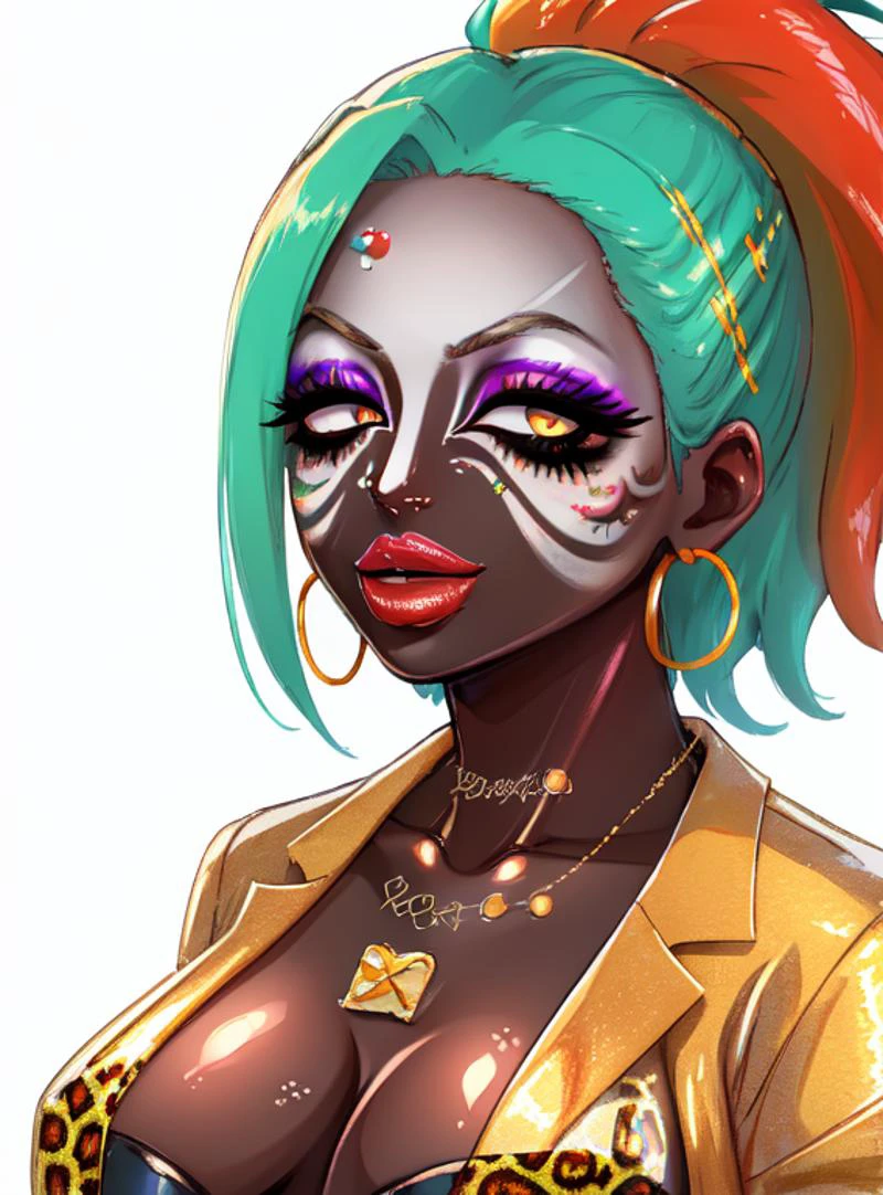 masterpiece, high res, 4k, best quality, beautiful face, detailed face, ultra-detailed, upright, ((head shot, face focus, close up face shot), open eyes, (looking at viewer, facing viewer)), 1girl, solo, white background, neon glow, violet gradient hair, orange highlights, hoop earrings, dark-skinned female, tattoo, colored skin, BREAK, (yamanba, white facepaint makeup:1.3), face stickers, pursed red lips, parted lips, eyeshadow, very dark skin, makeup, leopard print, crop top, (metallic glitter), feather boa, fishnet shirt, jewelry, white face tattoo, large intricate hair, <lora:manba_v5:.8>, <lora:yaoyorozu_momo:1> momo mha, yaoyorozu momo, geen hair with gradient highlights, green gradient hair, high ponytail, hair pulled back, large breasts, necklace, suit jacket, lipstick, <lora:ColoredLipstick:1> (lipstick, glossy lips, glossy red lipstick), <lora:fakelips_1:1> lip filler, <lora:pinkdrawzv2:.6> <lora:Baaki:.8>