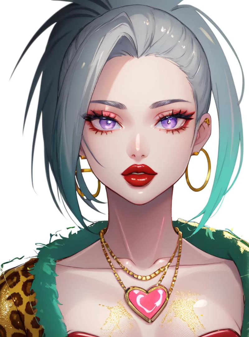 masterpiece, high res, 4k, best quality, beautiful face, detailed face, ultra-detailed, upright, ((head shot, face focus, close up face shot), open eyes, (looking at viewer, facing viewer)), 1girl, solo, white background, neon glow, violet gradient hair, orange highlights, hoop earrings, dark-skinned female, tattoo, colored skin, BREAK, red lips, parted lips, eyeshadow, very dark skin, makeup, leopard print, crop top, (metallic glitter), feather boa, fishnet shirt, jewelry, white face tattoo, <lora:yaoyorozu_momo:1> momo mha, yaoyorozu momo, grey eyes, neon green hair with gradient highlights, neon green gradient hair, high ponytail, hair pulled back, large breasts, necklace, suit jacket, lipstick, <lora:ColoredLipstick:1> (lipstick, glossy lips, glossy red lipstick), <lora:fakelips_1:1> lip filler, <lora:pinkdrawzv2:.6>