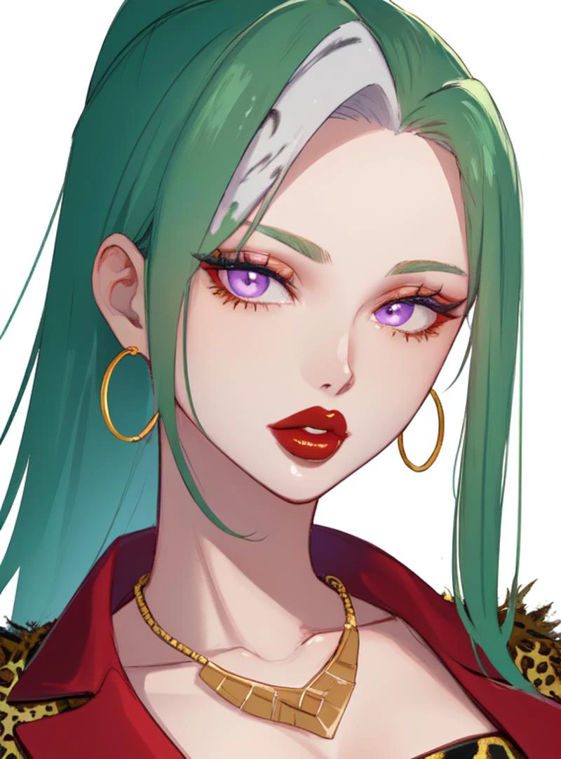 masterpiece, high res, 4k, best quality, beautiful face, detailed face, ultra-detailed, upright, ((head shot, face focus, close up face shot), open eyes, (looking at viewer, facing viewer)), 1girl, solo, white background, neon glow, violet gradient hair, orange highlights, hoop earrings, dark-skinned female, tattoo, colored skin, BREAK, red lips, parted lips, eyeshadow, very dark skin, makeup, leopard print, crop top, (metallic glitter), feather boa, fishnet shirt, jewelry, white face tattoo, large intricate hair, <lora:yaoyorozu_momo:1> momo mha, yaoyorozu momo, geen hair with gradient highlights, green gradient hair, high ponytail, hair pulled back, large breasts, necklace, suit jacket, lipstick, <lora:ColoredLipstick:1> (lipstick, glossy lips, glossy red lipstick), <lora:fakelips_1:1> lip filler, <lora:pinkdrawzv2:.6>