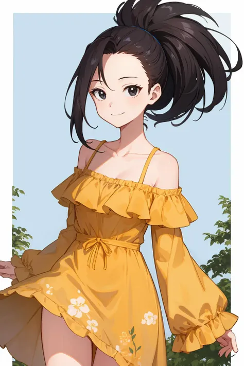 momo mha, 1girl, no sleeves, sundress, ponytail, black hair, collarbone, off-shoulder, bare shoulders, solo, long hair, looking at viewer, smiling, floral print, black eyes, simple background, off shoulder, hair pulled back, blue background<lora:yaoyorozu_momo:0.8>, forest scenery,