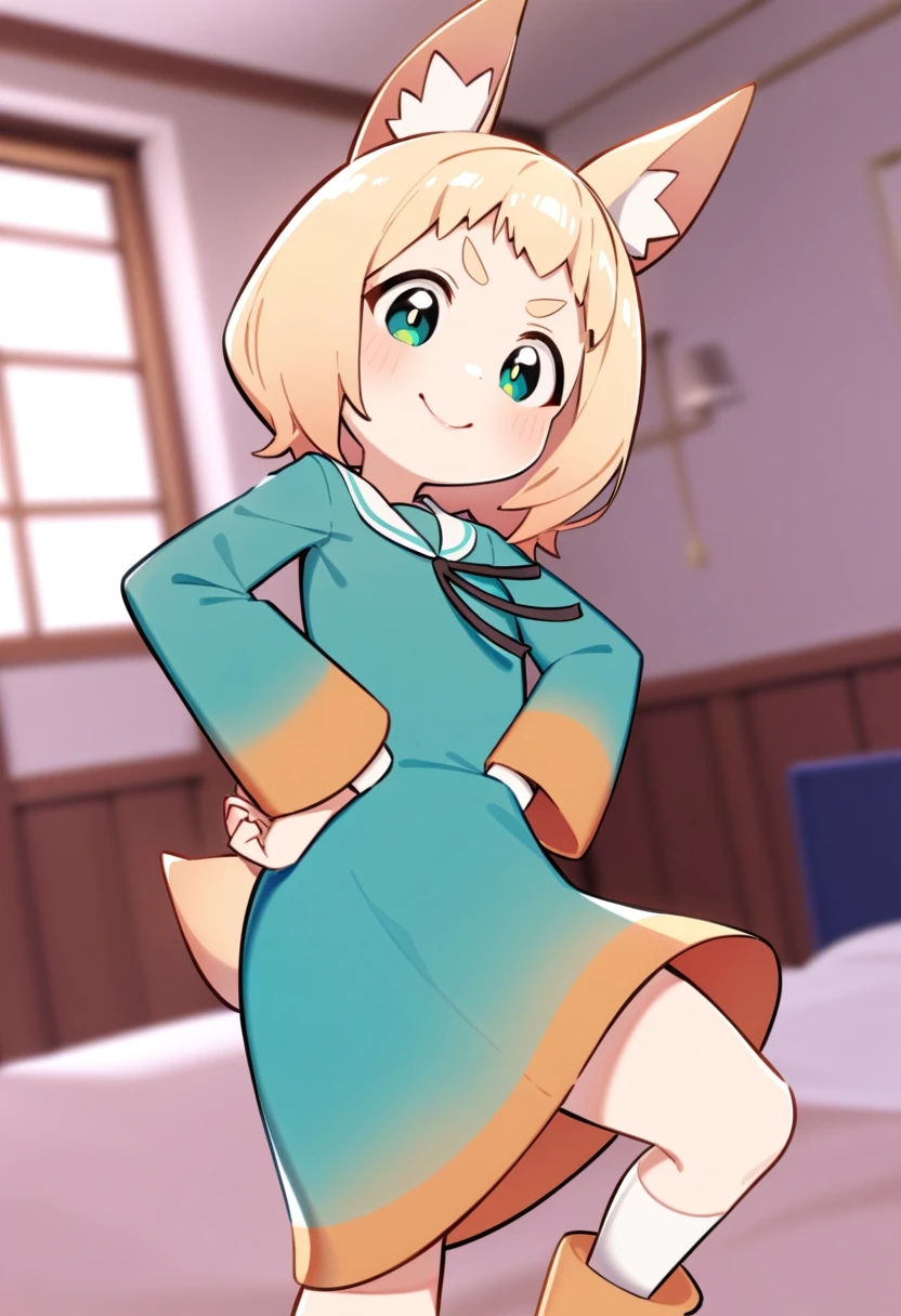 masterpiece, best quality, very aesthetic, absurdres <lora:vrchat_kon_v0.2-000016:0.7> vrchat kon, vrchat kon clothes, (bloomers:0.2), <lora:doyagao_XL_v1:1> doyagao, >:), smile, wide-eyed, v-shaped eyebrows, hands on hand on own hip, legs apart, <lora:Fixhands_anime_bdsqlsz_V1:1>