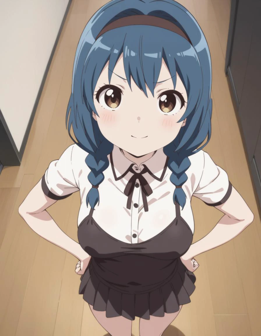 masterpiece, best quality, ultra detailed, highres,4k,(ultra-detailed:1.4) (illustration:0.5), (ray tracing,:0.8),(anime colored:0.7),(ai-generated:0.5),
1girl,
<lora:furutanihimawariXL1:0.8>,furutanihimawari,
blue hair,twin braids, brown eyes, hairband,medium breasts,
place one's hands on one's hips,
,doyagao,<lora:doyagao_XL_v1:1>, from above, wide shot, looking at viewer,