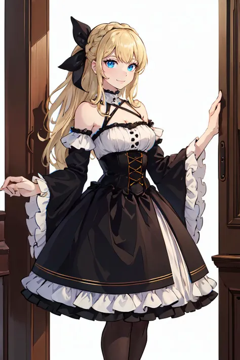<lora:adjatha:0.9> adjatha,, ultra detailed, masterpiece, best quality, aesthetic, detailed,, solo, soft smile, light smile,
1girl, blue eyes, very long hair, blonde hair, long blonde hair, french braid, bangs, medium breasts,, hair ribbon, frilled choker, criss-cross halter, sleeveless dress, high-waist skirt, backless dress, waist bow, detached sleeves, frilled sleeves, wide sleeves, pantyhose, patterned legwear, mary janes,