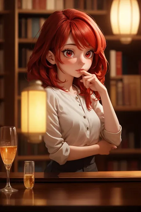 1girl, blurry, blurry background, blurry foreground, bokeh, bookshelf, bottle, lights, depth of field, drinking glass, lantern, red eyes, red hair, solo, indoors,
masterpiece, best quality, <lora:adjatha:0.7> adjatha<lora:add_sharpness:1><lora:add_sharpness:1><lora:add_sharpness:1><lora:add_sharpness:1>