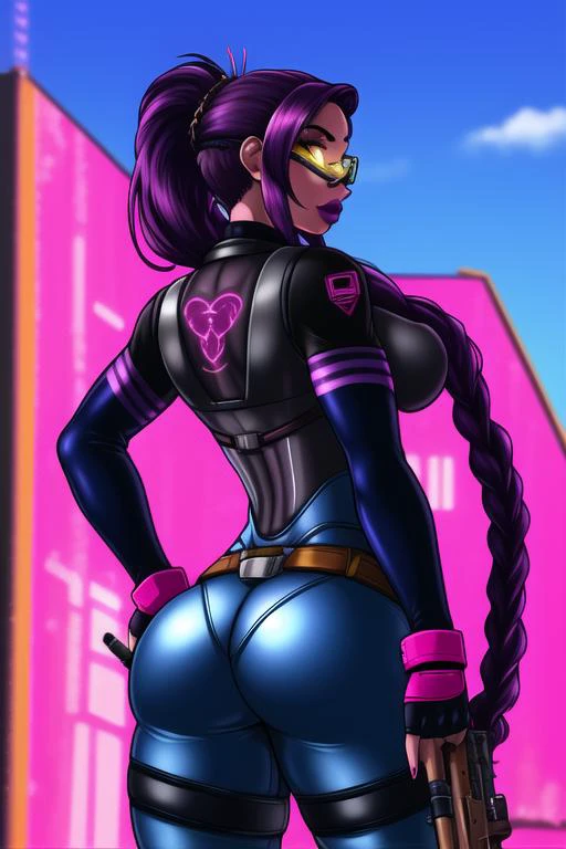 <lora:adjatha:0.85>, adjatha, masterpiece, best quality, 1girl, solo, ass, weapon, purple skin, gun, head-mounted display, colored skin, back tattoo, long hair, yellow eyes, rifle, tattoo, bodysuit, purple lips, purple hair, sniper rifle, looking back, braid, gloves, breasts, looking at viewer, holding weapon, lips, from behind, holding gun, pink bodysuit, holding, very long hair, fingerless gloves, blurry, lipstick, makeup, hand on hip, medium breasts, outdoors, nail polish, day, black nails, nose, thighs, hair pulled back, black gloves, skin tight, blurry background, sky, building, ponytail, single braid, from below, back, standing, cowboy shot, artist name, arm tattoo, blue sky, fingernails, depth of field
