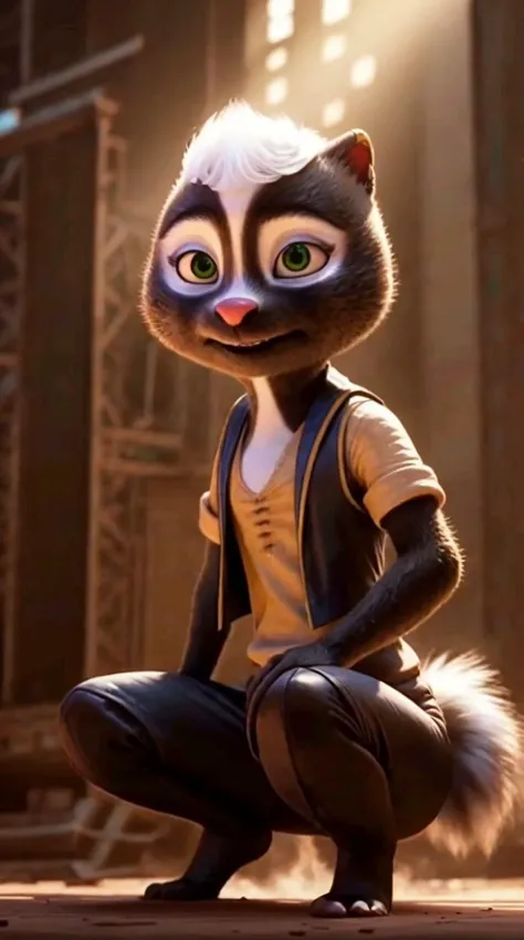 an awarded 3d graphic art, digital art , trending on art station, 1girl <lora:Meg:0.7> meg, skunk ,meg, skunk , flufy tail, skunk tail , green eyes, big eyes, wears ((studded leather vest, black leggings, and ankle boots)), Disappointment face expression ,she make <lora:LotusPosition:0.72> LotusPosition, Lotus position, barefoot character focus, Loop Lighting,(epic scene:1.3),ultradetialed character with perfect face,detailed skin,(ultrasharp:1.3),(masterpiece:1.1),best quality , ultradetailed character,4k perfect quality,character focus,<lyco:GoodHands-beta2:1>Magnificent,Imperceptible detail,Intricately designed, impresive, extremally detailed, <lora:add_detail:1> <lora:add_sharpness:0.63> <hypernet:sxzBloom_sxzBloom:0.7> photorealistic