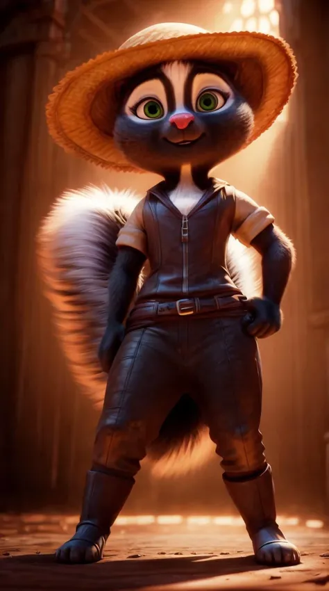 an awarded 3d graphic art, digital art , trending on art station, 1girl <lora:Meg:0.7> meg, skunk ,meg, skunk , flufy tail, skunk tail , green eyes, big eyes, wears ((black jumpsuit, wide-brimmed hat, and ankle boots)), Skepticism face expression ,she make <lora:povsitting:0.72> from below, povsitting character focus, Cross Lighting,(epic scene:1.3),ultradetialed character with perfect face,detailed skin,(ultrasharp:1.3),(masterpiece:1.1),best quality , ultradetailed character,4k perfect quality,cowboy shot<lyco:GoodHands-beta2:1>Magnificent,Imperceptible detail,Intricately designed, impresive, extremally detailed, <lora:add_detail:1> <lora:add_sharpness:0.63> <hypernet:sxzBloom_sxzBloom:0.7> photorealistic