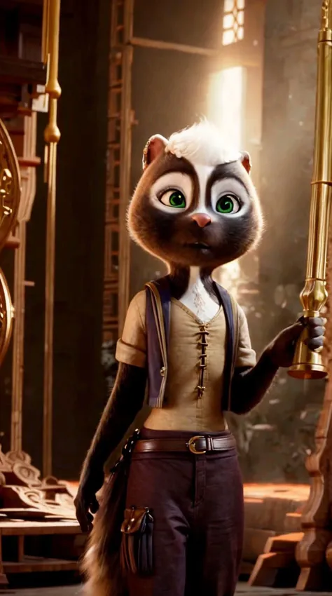 an awarded 3d graphic art, digital art , trending on art station, 1girl <lora:Meg:0.7> meg, skunk ,meg, skunk , flufy tail, skunk tail , green eyes, big eyes, wears ((Steampunk Siren: A dark-brown, corset-style dress with brass grommets, paired with a coordinating brass-buttoned vest, a pair of black goggles, and lace-up boots, embodying the spirit of adventure and invention.)), gleeful ,she make <lora:feetpose:0.7> feetpose cowboy shot Silhouette Lighting,(epic scene:1.3),ultradetialed character with perfect face,detailed skin,(ultrasharp:1.3),(masterpiece:1.1),best quality , ultradetailed character,4k perfect quality,character focus,<lyco:GoodHands-beta2:1>Magnificent,Imperceptible detail,Intricately designed, impresive, extremally detailed, <lora:add_detail:1> <lora:add_sharpness:0.63> <hypernet:sxzBloom_sxzBloom:0.7> photorealistic