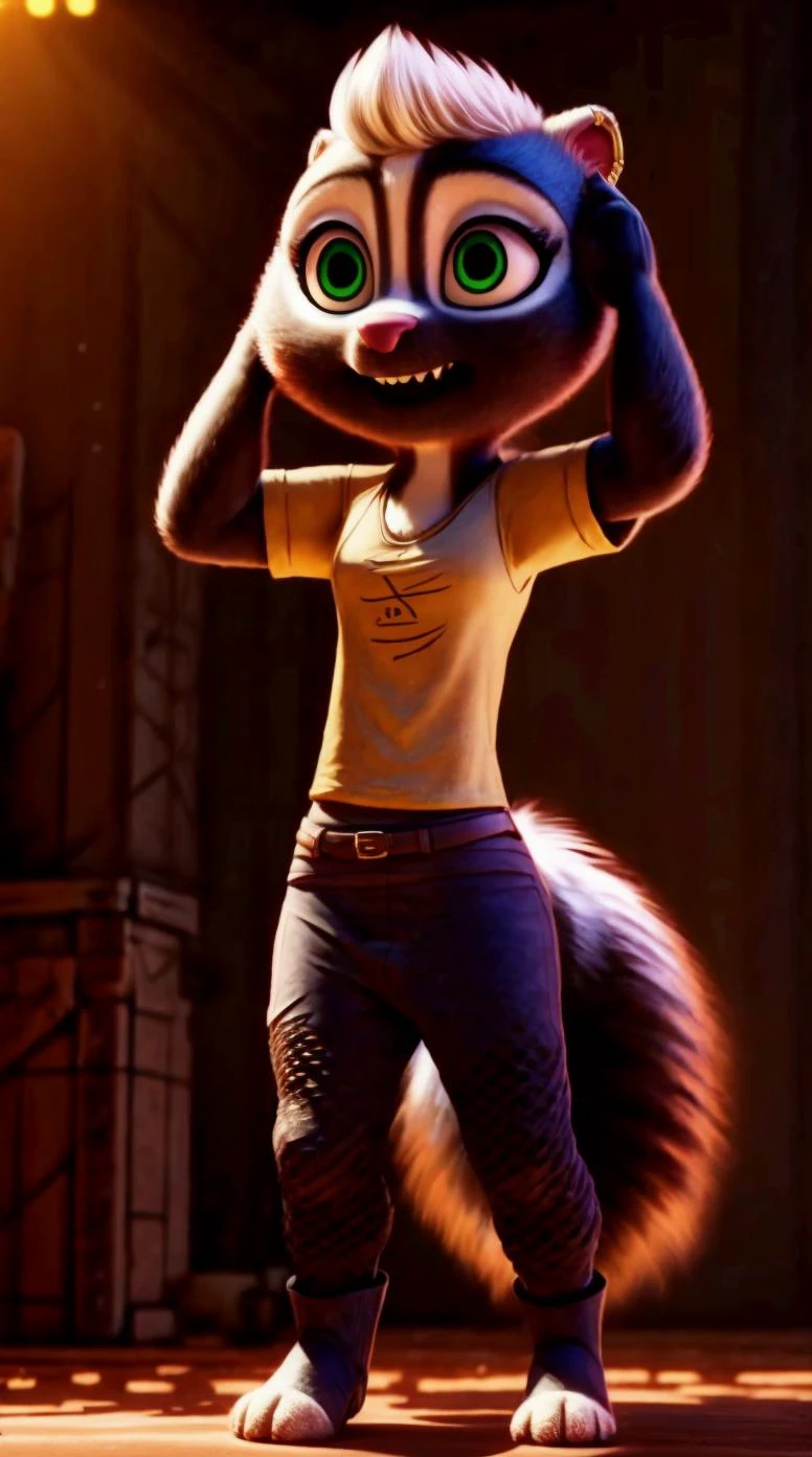 an awarded 3d graphic art, digital art , trending on art station, 1girl <lora:Meg:0.7> meg, skunk ,meg, skunk , flufy tail, skunk tail , green eyes, big eyes, wears ((ripped fishnet tights, oversized t-shirt, and combat boots)), Embarrassment face expression ,she make <lora:Salute:0.68> Salute
character focus, Diffused Lighting,(epic scene:1.3),ultradetialed character with perfect face,detailed skin,(ultrasharp:1.3),(masterpiece:1.1),best quality , ultradetailed character,4k perfect quality,cowboy shot<lyco:GoodHands-beta2:1>Magnificent,Imperceptible detail,Intricately designed, impresive, extremally detailed, <lora:add_detail:1> <lora:add_sharpness:0.63> <hypernet:sxzBloom_sxzBloom:0.7> photorealistic