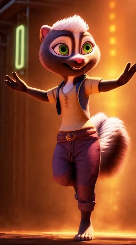 an awarded 3d graphic art, digital art , trending on art station, 1girl <lora:Meg:0.7> meg, skunk ,meg, skunk , flufy tail, skunk tail , green eyes, big eyes,  wears ((A bold, mix-matched ensemble of a lime-green crop top with neon-pink harem pants, accessorized with a bright orange scarf and neon-yellow platform sandals, radiating youthful exuberance.)),  Sarcasm face expression ,she make kick in jump cowboy shot  Soft Fill Lighting,(epic scene:1.3),ultradetialed character with perfect face,detailed skin,(ultrasharp:1.3),(masterpiece:1.1),best quality , ultradetailed character,4k perfect quality,cowboy shot<lyco:GoodHands-beta2:1>Magnificent,Imperceptible detail,Intricately designed, impresive, extremally detailed,   <lora:add_detail:1> <lora:add_sharpness:0.63> <hypernet:sxzBloom_sxzBloom:0.7> photorealistic