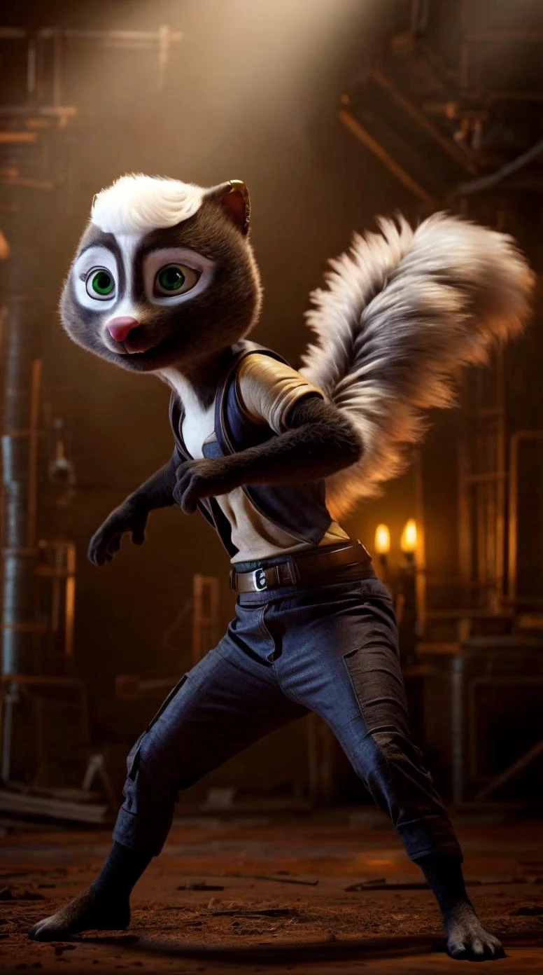an awarded 3d graphic art, digital art , trending on art station, 1girl <lora:Meg:0.7> meg, skunk ,meg, skunk , flufy tail, skunk tail , green eyes, big eyes, naked ,she make fight pose character focus, Bounce Lighting,(epic scene:1.3),ultradetialed character with perfect face,detailed skin,(ultrasharp:1.3),(masterpiece:1.1),best quality , ultradetailed character,4k perfect quality,cowboy shot<lyco:GoodHands-beta2:1>Magnificent,Imperceptible detail,Intricately designed, impresive, extremally detailed, <lora:add_detail:1> <lora:add_sharpness:0.63> <hypernet:sxzBloom_sxzBloom:0.7> photorealistic