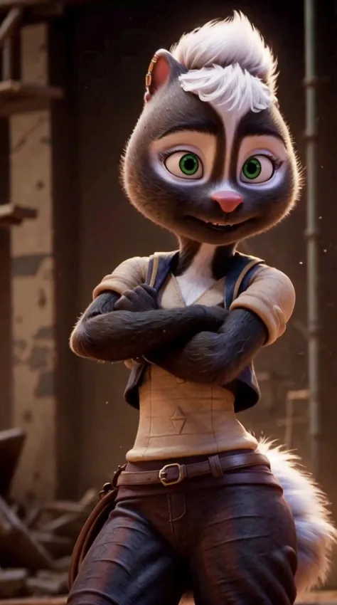 an awarded 3d graphic art, digital art , trending on art station, 1girl <lora:Meg:0.7> meg, skunk ,meg, skunk , flufy tail, skunk tail , green eyes, big eyes, naked ,she make karate pose cowboy shot Broad Lighting,(epic scene:1.3),ultradetialed character with perfect face,detailed skin,(ultrasharp:1.3),(masterpiece:1.1),best quality , ultradetailed character,4k perfect quality,cowboy shot<lyco:GoodHands-beta2:1>Magnificent,Imperceptible detail,Intricately designed, impresive, extremally detailed, <lora:add_detail:1> <lora:add_sharpness:0.63> <hypernet:sxzBloom_sxzBloom:0.7> photorealistic