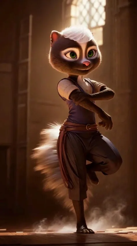 an awarded 3d graphic art, digital art , trending on art station, 1girl <lora:Meg:0.7> meg, skunk ,meg, skunk , flufy tail, skunk tail , green eyes, big eyes, wears ((Pleated satin slip dress with lace trim)), Trust face expression ,she make kicking character focus, Daylight,(epic scene:1.3),ultradetialed character with perfect face,detailed skin,(ultrasharp:1.3),(masterpiece:1.1),best quality , ultradetailed character,4k perfect quality,cowboy shot<lyco:GoodHands-beta2:1>Magnificent,Imperceptible detail,Intricately designed, impresive, extremally detailed, <lora:add_detail:1> <lora:add_sharpness:0.63> <hypernet:sxzBloom_sxzBloom:0.7> photorealistic