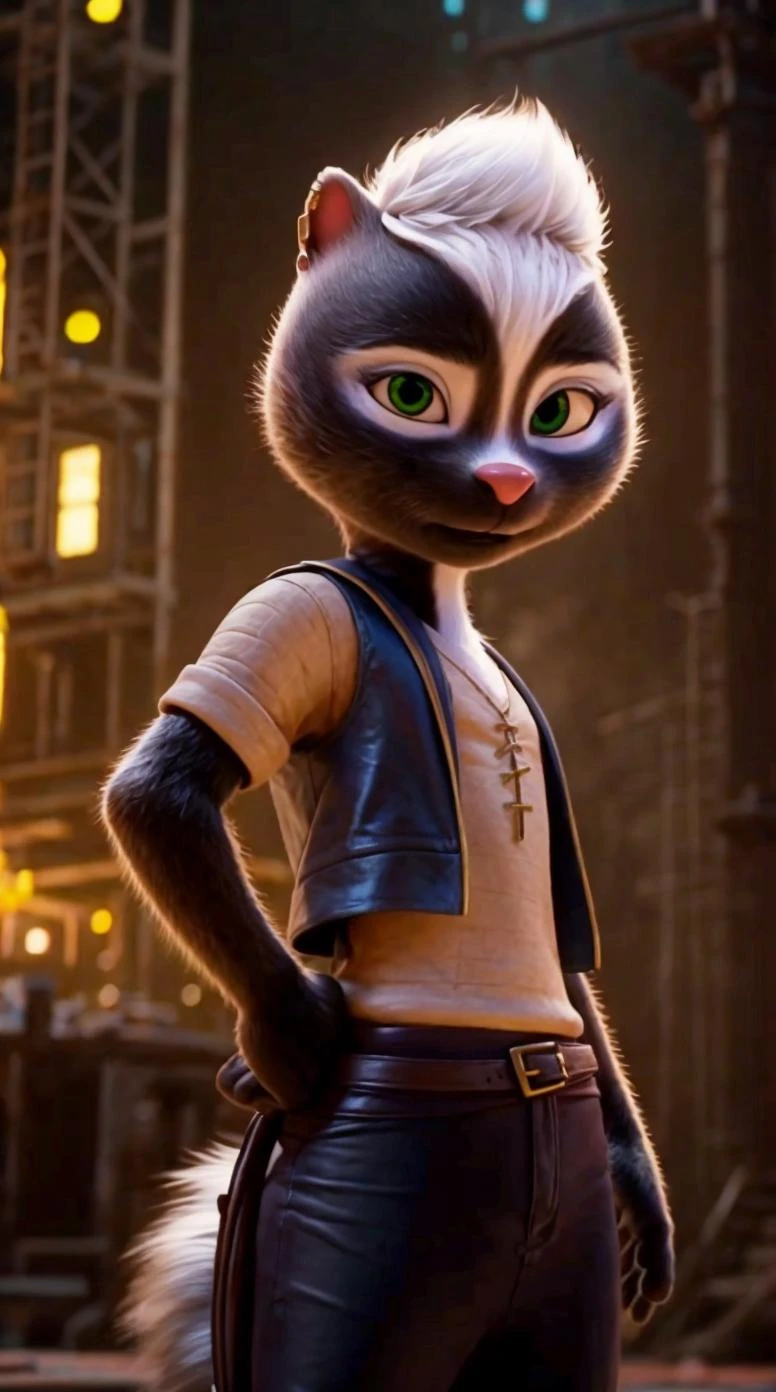 an awarded 3d graphic art, digital art , trending on art station, 1girl <lora:Meg:0.7> meg, skunk ,meg, skunk , flufy tail, skunk tail , green eyes, big eyes, wears ((studded leather vest, black leggings, and ankle boots)), Disappointment face expression ,she make fight pose character focus, Spotlights,(epic scene:1.3),ultradetialed character with perfect face,detailed skin,(ultrasharp:1.3),(masterpiece:1.1),best quality , ultradetailed character,4k perfect quality,cowboy shot<lyco:GoodHands-beta2:1>Magnificent,Imperceptible detail,Intricately designed, impresive, extremally detailed, <lora:add_detail:1> <lora:add_sharpness:0.63> <hypernet:sxzBloom_sxzBloom:0.7> photorealistic