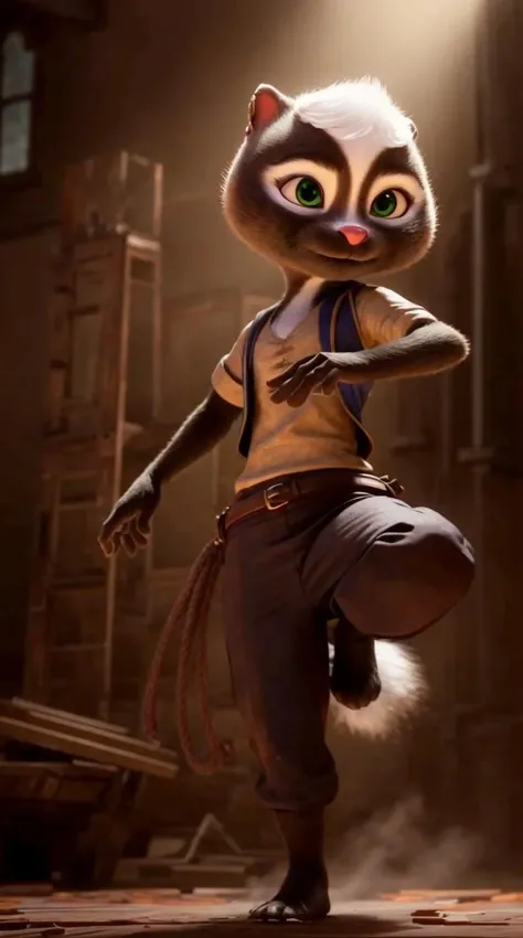 an awarded 3d graphic art, digital art , trending on art station, 1girl <lora:Meg:0.7> meg, skunk ,meg, skunk , flufy tail, skunk tail , green eyes, big eyes, wears ((silver trim)), amorous ,she make kicking cowboy shot Rim Lighting,(epic scene:1.3),ultradetialed character with perfect face,detailed skin,(ultrasharp:1.3),(masterpiece:1.1),best quality , ultradetailed character,4k perfect quality,character focus,<lyco:GoodHands-beta2:1>Magnificent,Imperceptible detail,Intricately designed, impresive, extremally detailed, <lora:add_detail:1> <lora:add_sharpness:0.63> <hypernet:sxzBloom_sxzBloom:0.7> photorealistic