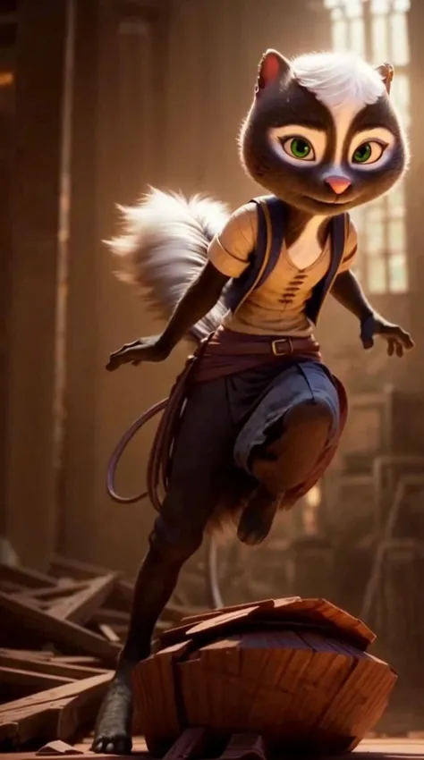 an awarded 3d graphic art, digital art , trending on art station, 1girl <lora:Meg:0.7> meg, skunk ,meg, skunk , flufy tail, skunk tail , green eyes, big eyes, wears ((pleated skirt)), Envy face expression ,she make kick in jump cowboy shot Rim Lighting,(epic scene:1.3),ultradetialed character with perfect face,detailed skin,(ultrasharp:1.3),(masterpiece:1.1),best quality , ultradetailed character,4k perfect quality,cowboy shot<lyco:GoodHands-beta2:1>Magnificent,Imperceptible detail,Intricately designed, impresive, extremally detailed, <lora:add_detail:1> <lora:add_sharpness:0.63> <hypernet:sxzBloom_sxzBloom:0.7> photorealistic