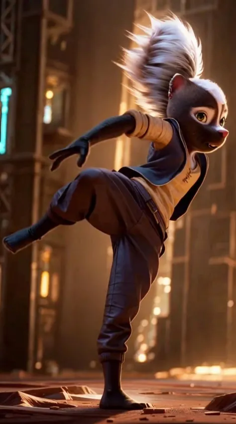 an awarded 3d graphic art, digital art , trending on art station, 1girl <lora:Meg:0.7> meg, skunk ,meg, skunk , flufy tail, skunk tail , green eyes, big eyes, wears ((Hooded windbreaker)), determined ,she make kicking cowboy shot Task Lighting,(epic scene:1.3),ultradetialed character with perfect face,detailed skin,(ultrasharp:1.3),(masterpiece:1.1),best quality , ultradetailed character,4k perfect quality,character focus,<lyco:GoodHands-beta2:1>Magnificent,Imperceptible detail,Intricately designed, impresive, extremally detailed, <lora:add_detail:1> <lora:add_sharpness:0.63> <hypernet:sxzBloom_sxzBloom:0.7> photorealistic