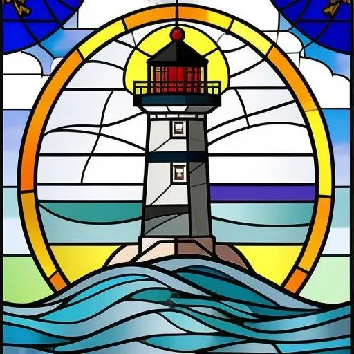 stained glass of a lighthouse overlooking the ocean