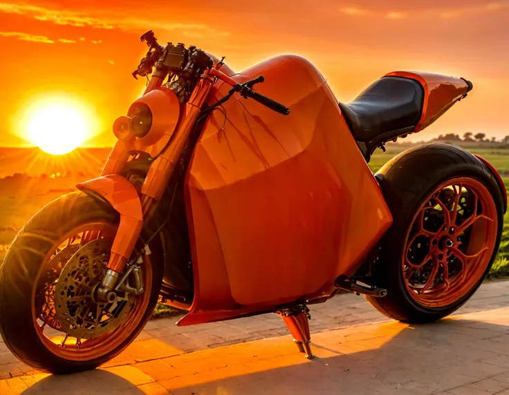 Haute Couture A fiery orange dc100 stands against the backdrop of a setting sun, casting a warm glow over the entire scene. The vivid color of the bike evokes the spirit of passion and determination. It's a visual anthem of endless roads, where the motorcycle becomes a beacon of adventure in the fading twilight.,(dc100:1.05),(c1bo:1.05) hyperrealistic,,, Haute Couture, often for exclusive fashion, custom-fitted garments, or high-end design.