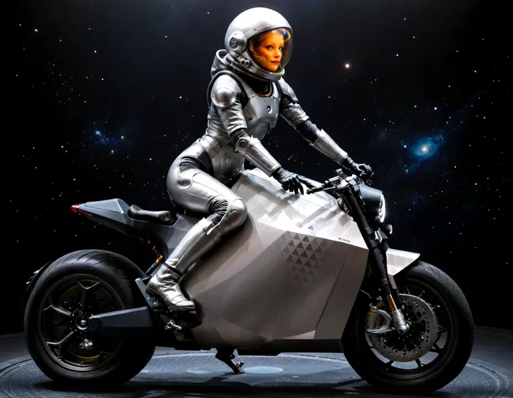 Haute Couture she riding a DC100 at a alien planet, tight spacesuit, universe, ,(dc100:1.05), hyperrealistic,,, Haute Couture, often for exclusive fashion, custom-fitted garments, or high-end design.
