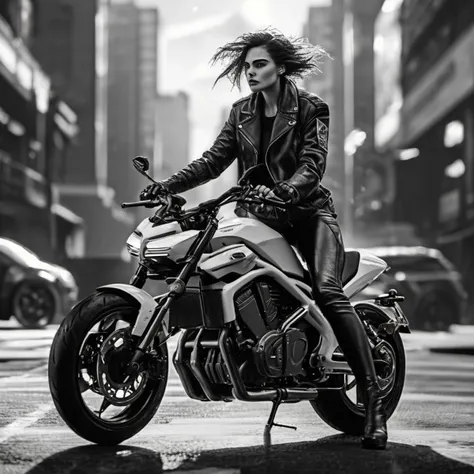 <lora:miekevisser_xl_lora-000008:.9> miekevisser masterpiece, concept art, highly detailed, (black and white), mid shot, centered, dynamic angle, woman on motor bike, cyberpunk theme, stylish, stylish hair, Cafe background, Volumetric lighting, depth of field, focused shot, (epic composition, epic proportion), Award winning, HD, polished, intricate, elegant, sharp focus, beautiful light