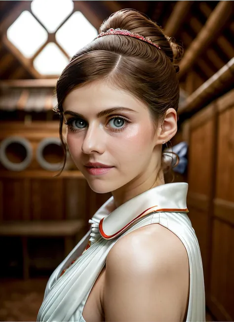 portrait of skswoman, crazy , wearing prom dress , with chestnut Half-up, half-down hairstyle , background chicken coop epic (photo, studio lighting, hard light, sony a7, 50 mm, matte skin, pores, colors, hyperdetailed, hyperrealistic), <lyco:Alexandra Daddario:1.1>