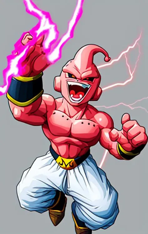 arms down,big mouth,bust,floating,gray background,hill,mj-kb,one arm down,one arm up,open mouth,pink lightning,smiling,swinging arm,waist up,white background,<lora:mj-kb_LORA01:1>,