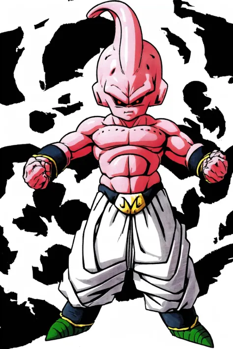 (toriyama akira), mj-kb, Majin Buu, ??? Buu, 1guy, male, black sclera, red pupil, pink skin, angry, standing, arms down, no shirt, white pants, harem pants, m on belt, abs, clear face, detailed eyes, clean hands, anatomical, dragon ball, (dragon ball z), full body, hero, villain, high definition, looking at viewer, official art, serious expression, (((blank background))), solo, (((one person))), solid background, full body character, transparent background, anime, <lora:akiraToriyamaStyle_toriyamaAkira3:0.75> <lora:mj-kb_LORA01:1>