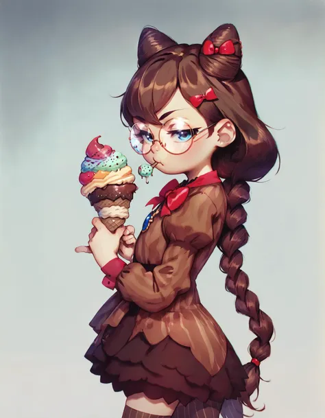 score_9, score_8_up, score_7_up,  anime_source, a girl eating an ice cream, from side, in the library, looking at viewer, frown, half-closed eyes, 
cereza, cone hair bun, single braid, round eyewear, jewelry, thighhighs,  vertical stripes, bow, ribbon, puffy sleeves, dress,very long hair, 
<lora:cereza_xl_v2_w1:.8> <lora:alke_style_xl_pony_v1:0.8> by alkemanubis