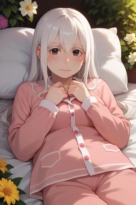 score_9,score_8_up,score_7_up,score_6_up,score_5_up,score_4_up,ultra detailed,photorealistic,
KJOECHIDNA, WHITE HAIR, WHITE EYELASHES,
THICK EYELASHES, HAIR BETWEEN EYES, DARK
EYES, PALE SKIN, 1girl,solo, 
happy, blush,embarrassed, shy, blush, lying on ground,pillow, cute pajamas, thicc, plump, 
garden background, looking at viewer, flowers
perfect body, medium breasts, perfect hands,perfect anatomy, intense light,
 <lora:Echidna_ReZero_V1:0.75> 
 <lora:alkemanubis_style_pony6_v2:0.5> <lora:incase-ilff-v3-4:0.5>