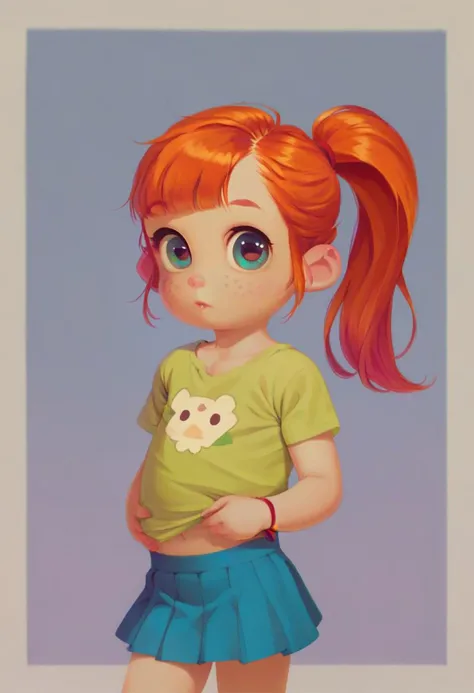 verybadimagenegative_v1.3, possmach, score_9, score_8_up, score_7_up, (( girl)), nepi, cute anime girl, 1girl, solo, cute perfect face, detailed face, big cute eyes, standing, orange hair, straight long hair, colored inner hair, shirt, skirt, bellybotton, ponytail freckles, looking at viewer, cute,