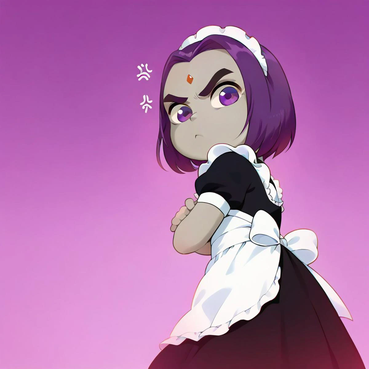 score_9, score_8_up, score_7_up, score_6_up, score_5_up, score_4_up, masterpiece, official art, source_anime, anime screencap, absurd quality, heavy outline, cartoon, Perfect Hands, perfecteyes, posmach, perfectly detailed face and body and eyes,
(((1 girl))), pudgy body, chubby skinny body, big eyes, skinny body, young, looking at viewer, posing, thick eyebrows, cute girl, pose, thick eyebrows, (((maid dress ))), (((posing))), good_hands, (((wallpaper))), ravenDC, short hair, purple hair, grey skin, purple eyes, forehead jewel, (((from below view))), arms crossed, serious face, (((dynamic pose))), (((annoyed))), (((back view))) Looking back